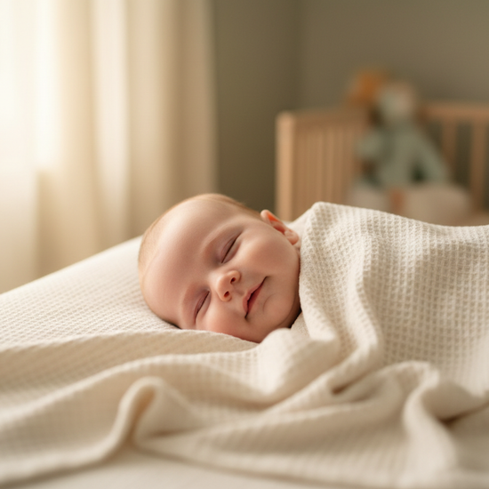 I need an image of a sleeping baby covered in a baby blanket organic cotton off white color