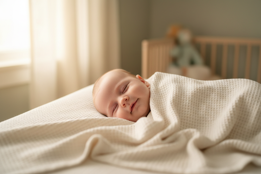 I need an image of a sleeping baby covered in a baby blanket organic cotton off white color