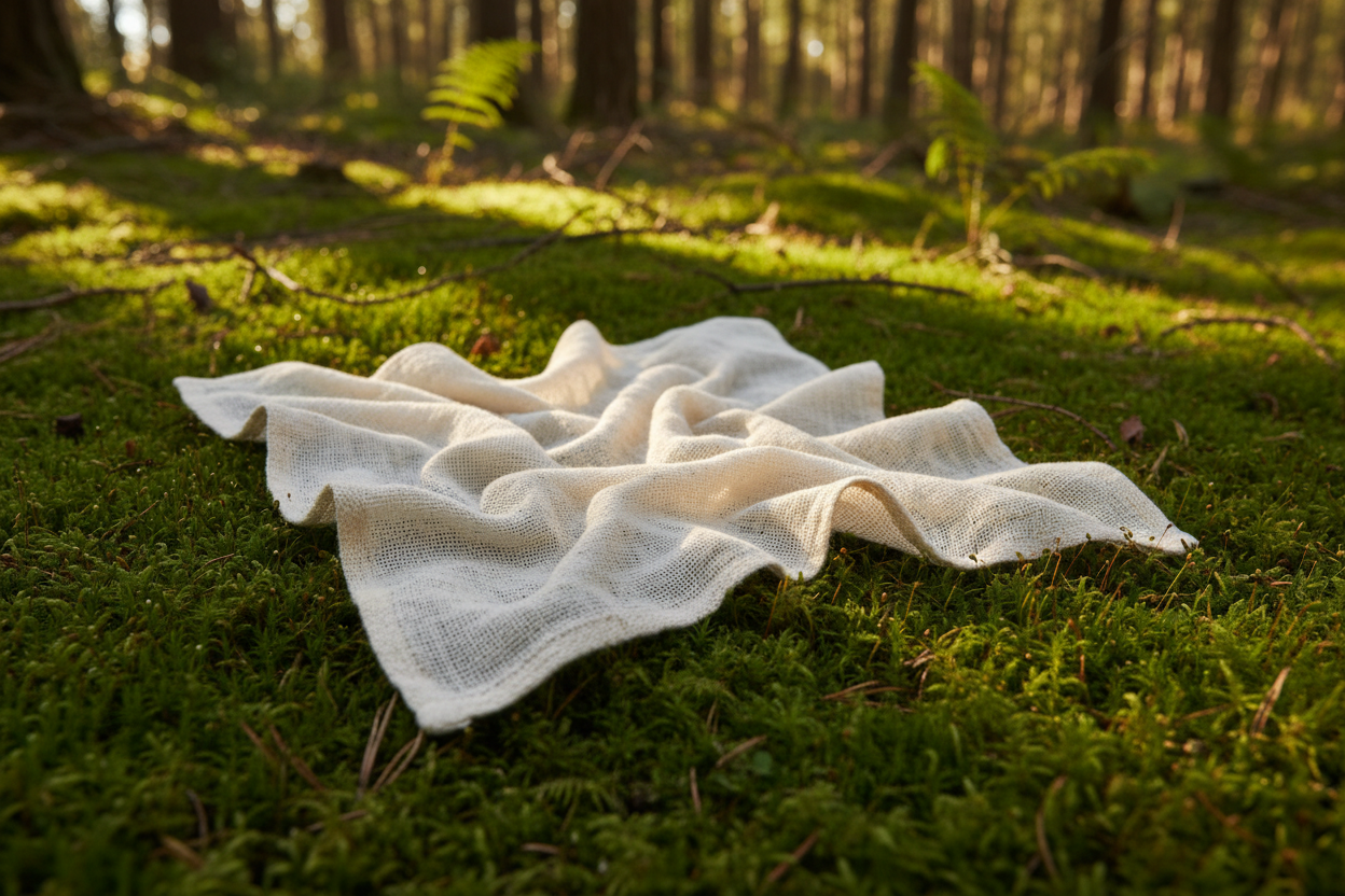 I need an image with a baby blanket organic cotton off white placed on forest floor with moss